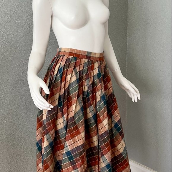 Vintage 70s High Waist Plaid Wool Pleated A-line Midi Skirt XS/S - Picture 8 of 10
